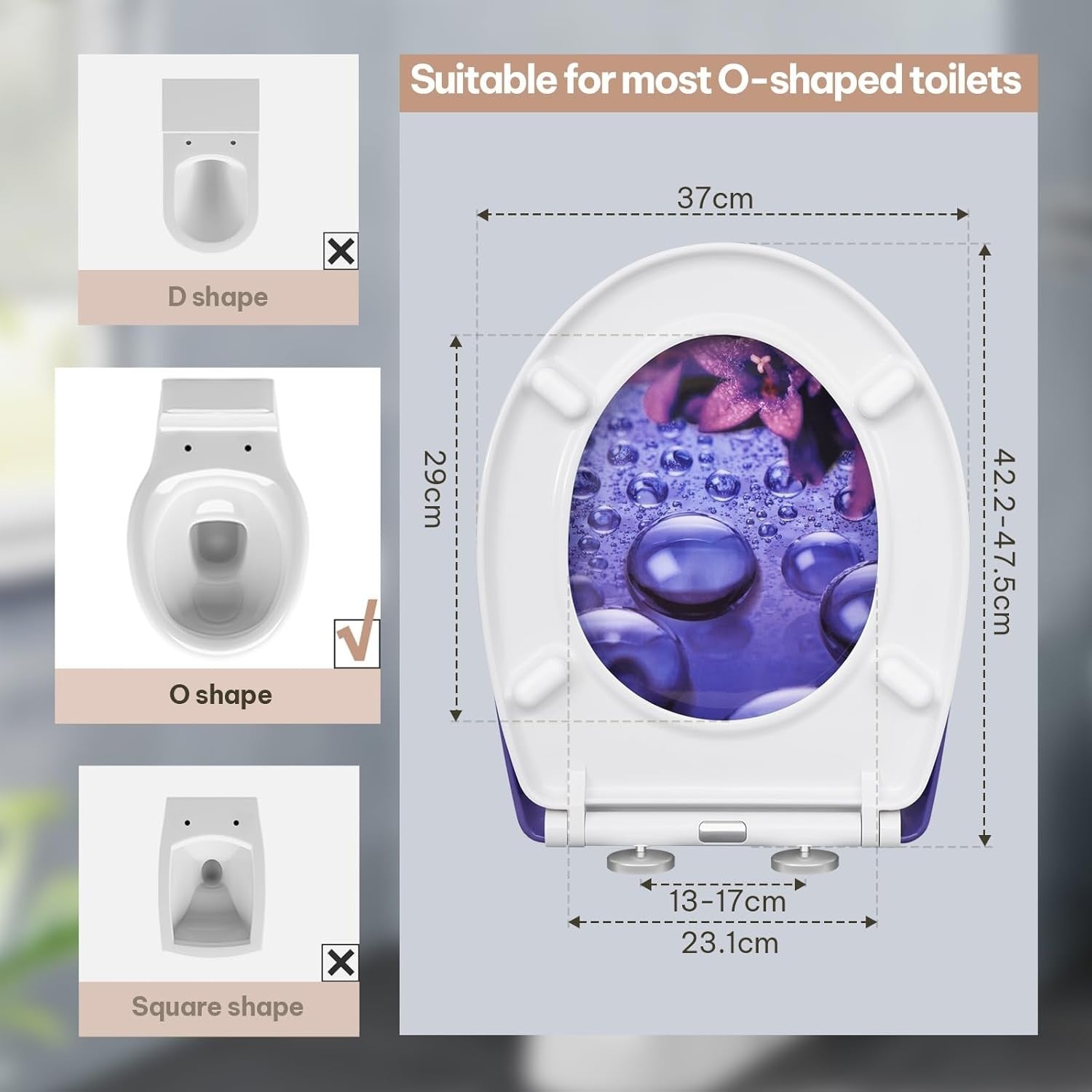 Soft Close O-Shaped Toilet Seat Quick Release Duroplast Violet Raindrops Print