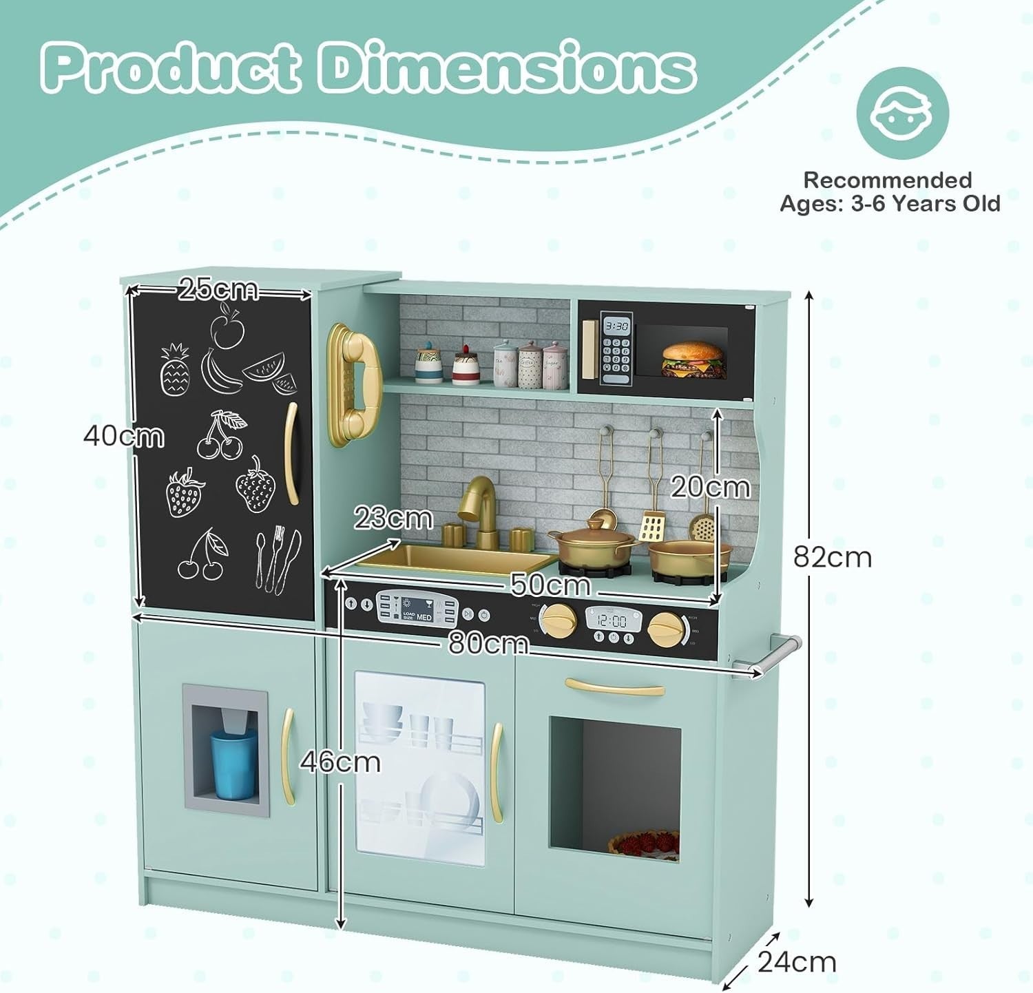 Kids Wooden Play Kitchen w/ Ice Maker Chalkboard Green Toy
