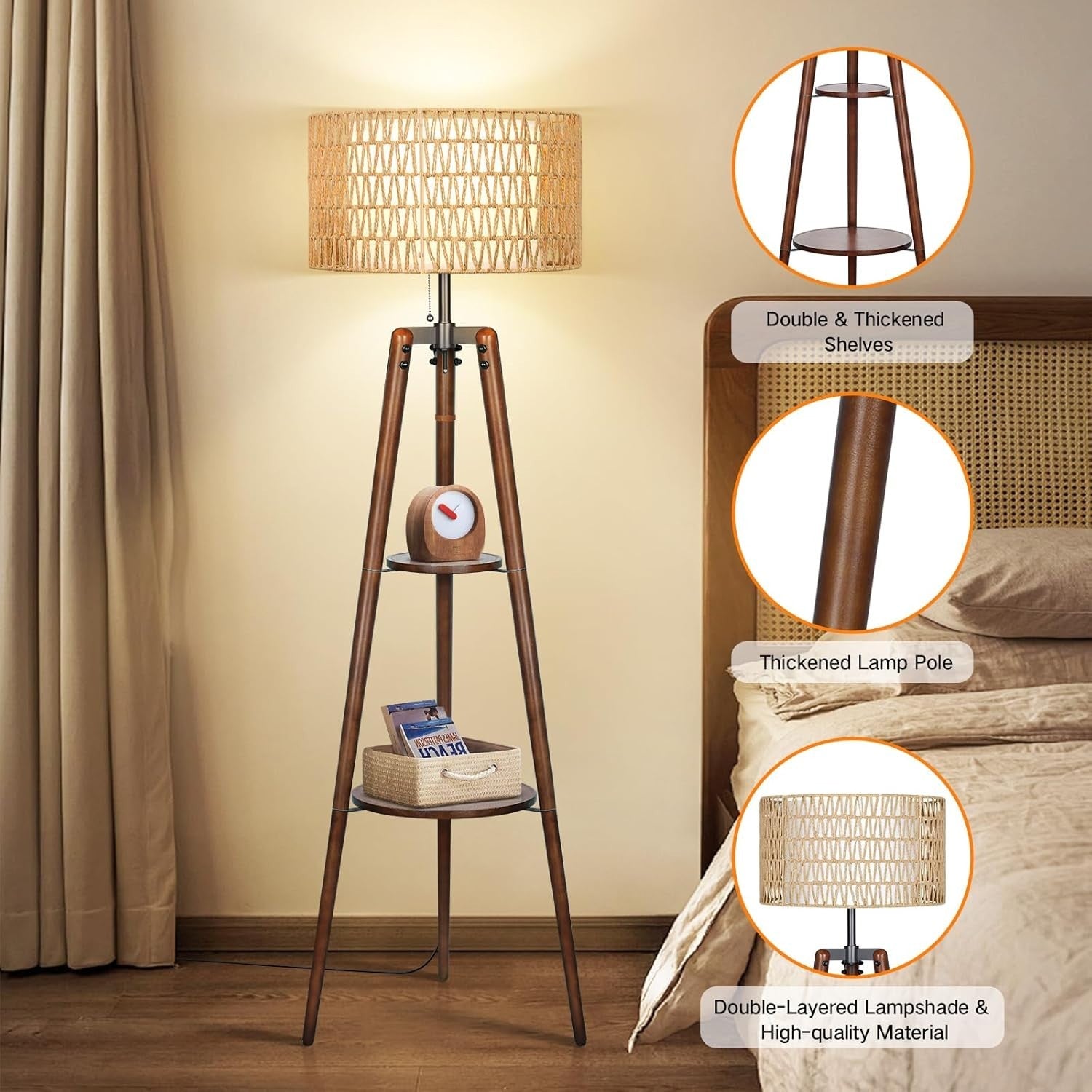 Dimmable Rattan Floor Lamp with Remote, Adjustable Warmth & Shelves 46x46x160cm