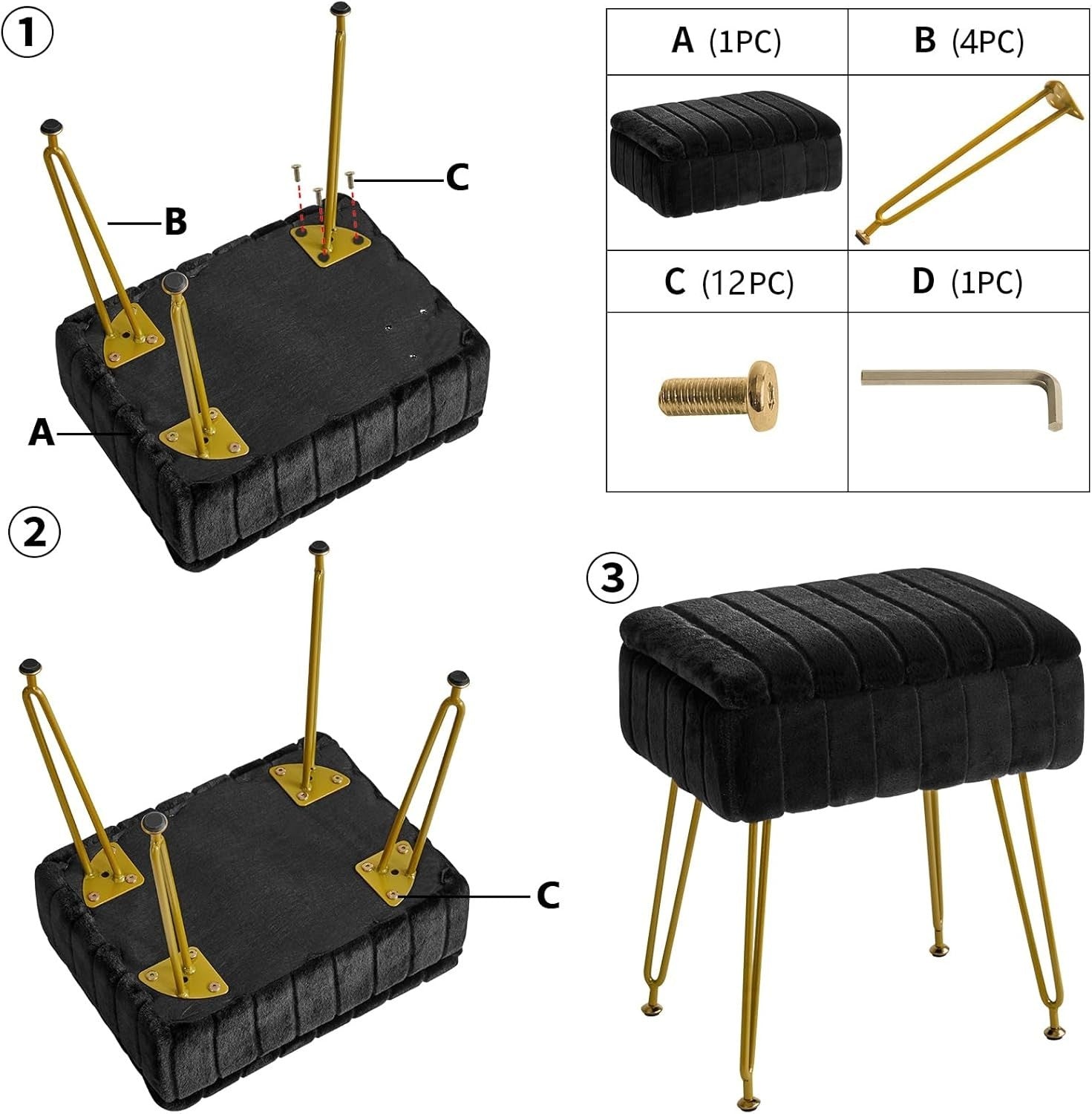 Black Faux Fur Storage Footstool – Modern Vanity Stool with Metal Legs