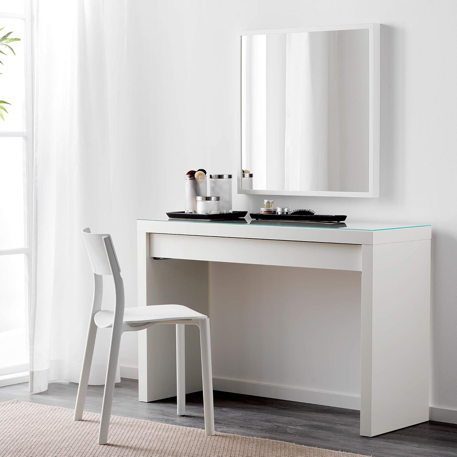 White Vanity Makeup Desk Modern Glass Top 1 Drawer Dressing Table 120cm