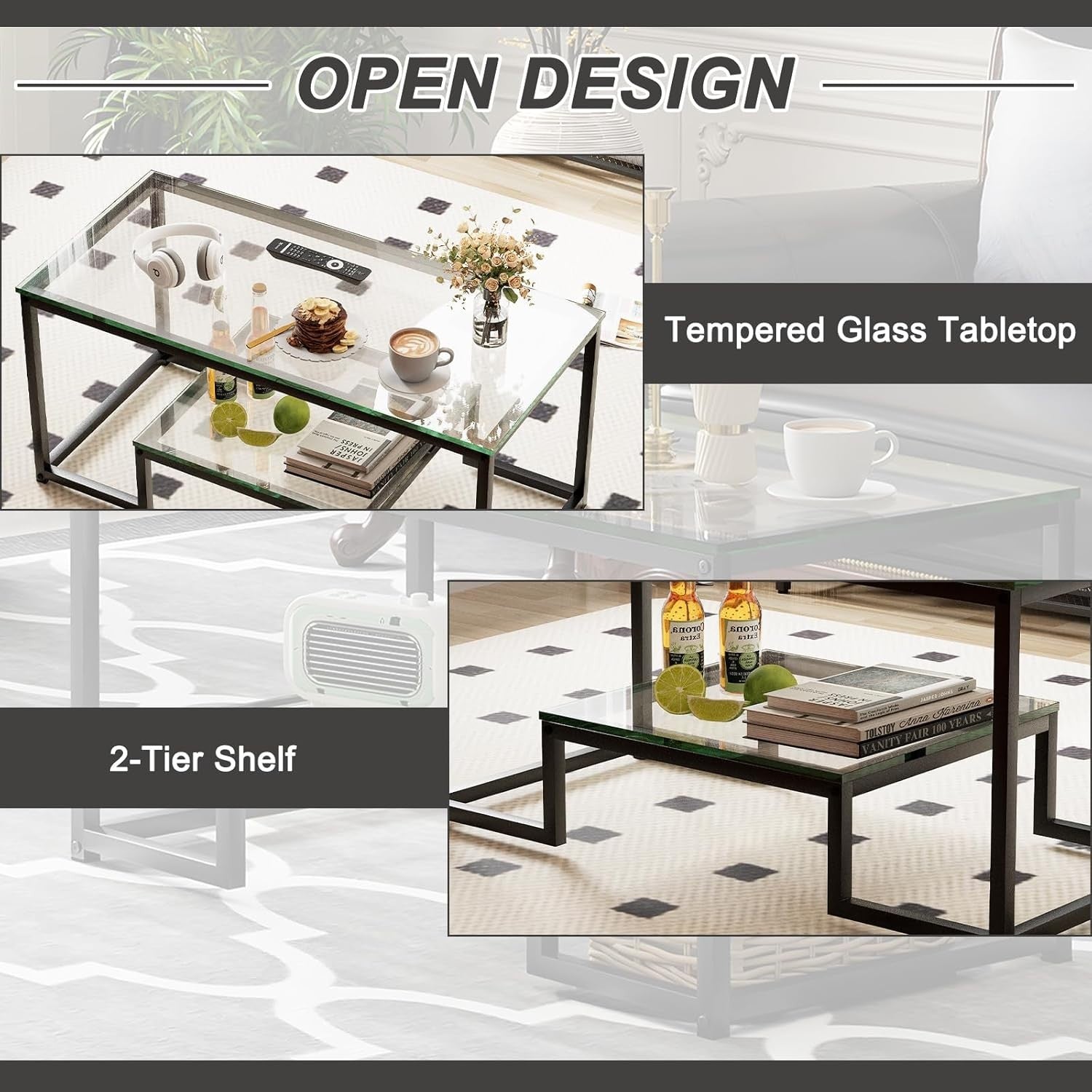 Modern Glass Coffee Table with Shelf – Black Metal Frame 2-Tier 100cm