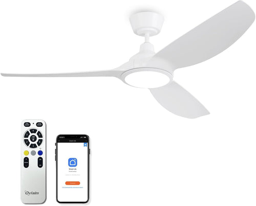 Ovlaim 132CM Smart White Ceiling Fan with LED Light, Remote, 6-Speed, DC Motor