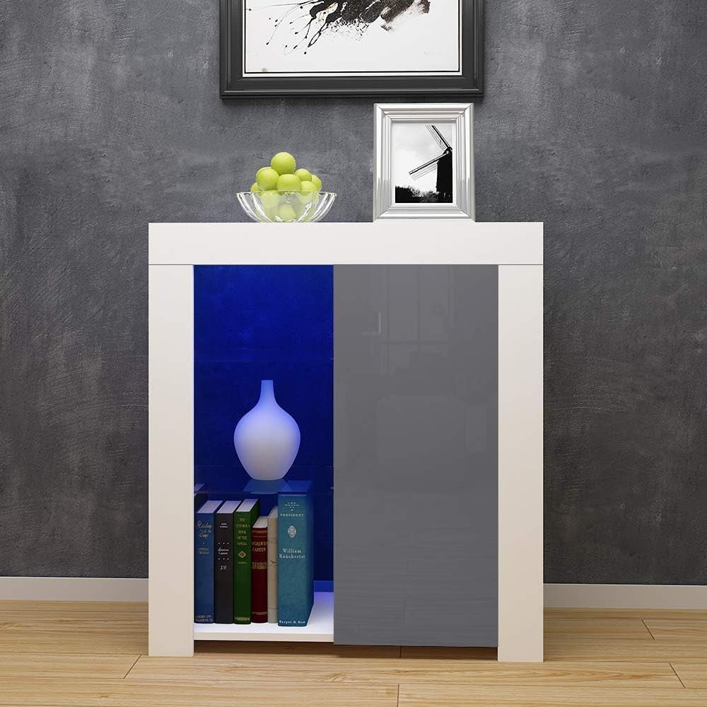 LED Sideboard Cabinet Grey Gloss Door Unit with Light 83cm High Storage