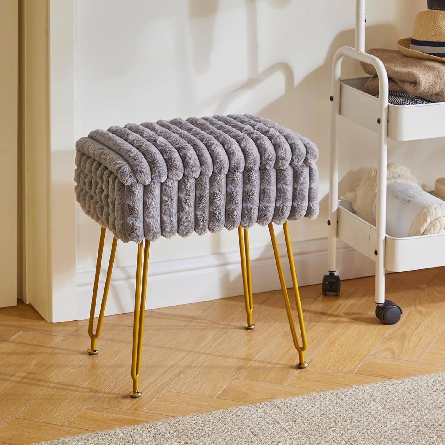 Grey Rectangular Vanity Stool with Storage – Modern Footrest & Side Table
