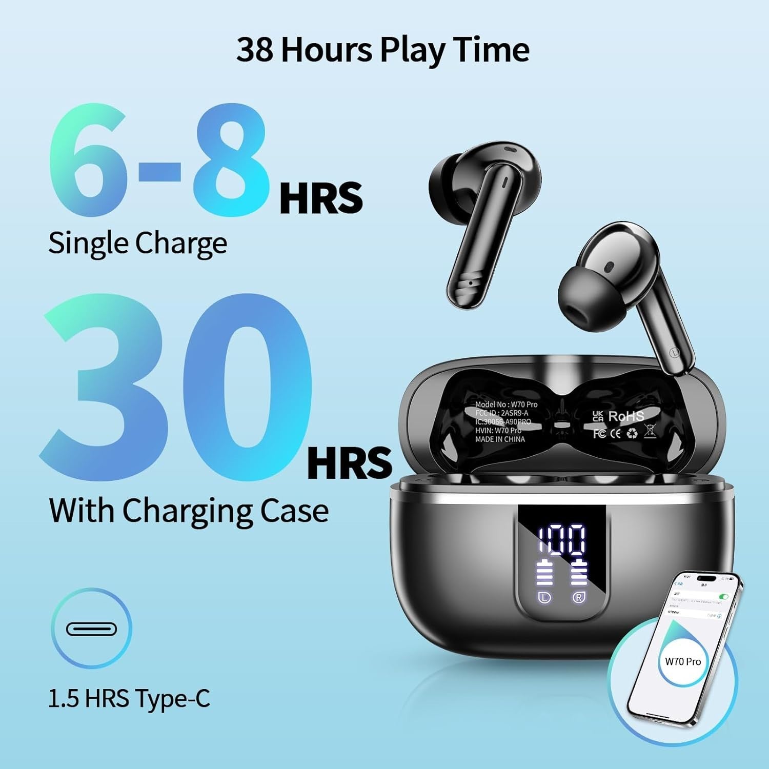 Bluetooth 5.4 Earbuds ENC Noise Cancel Waterproof 46H Stereo Earphones black