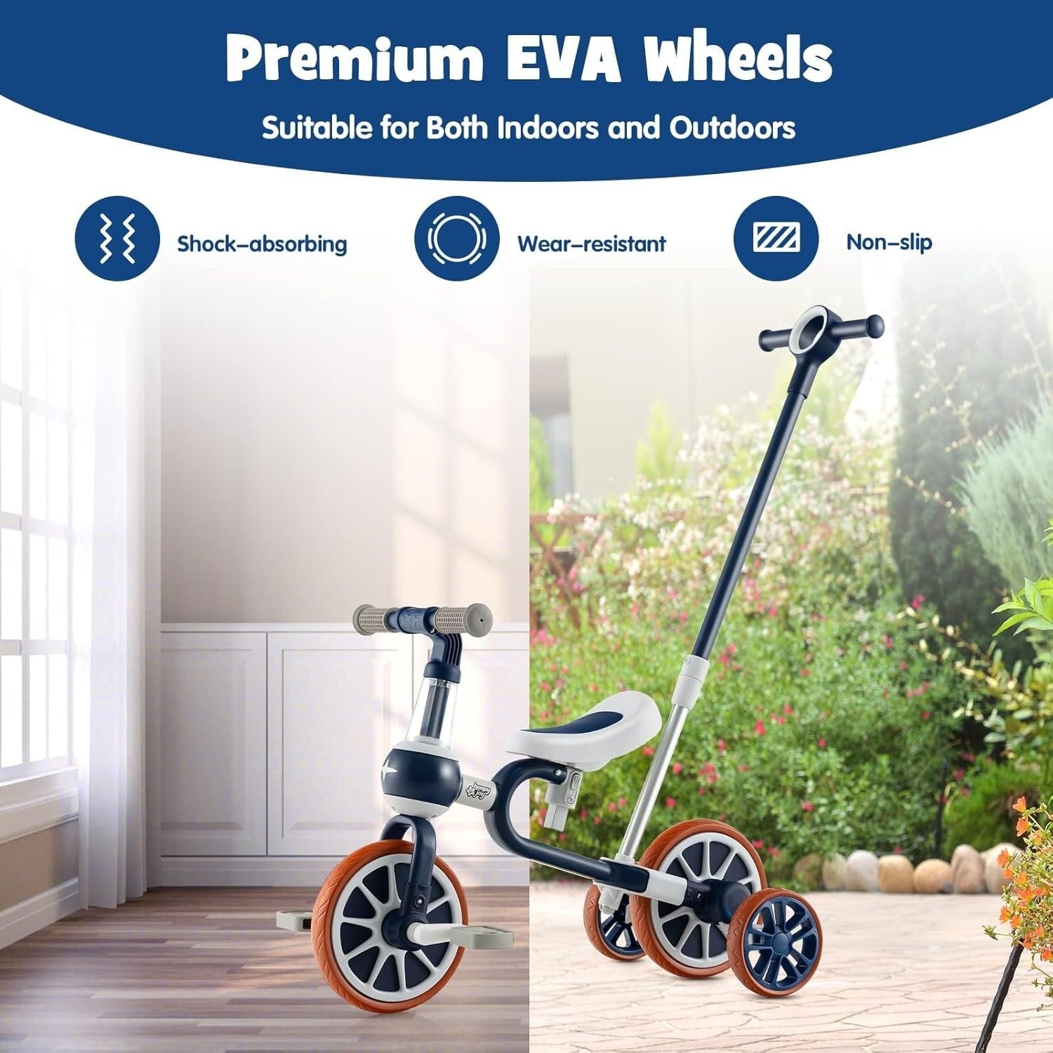 4 in 1 Kids Trike Balance Bike Push Tricycle Adjustable Handle EVA