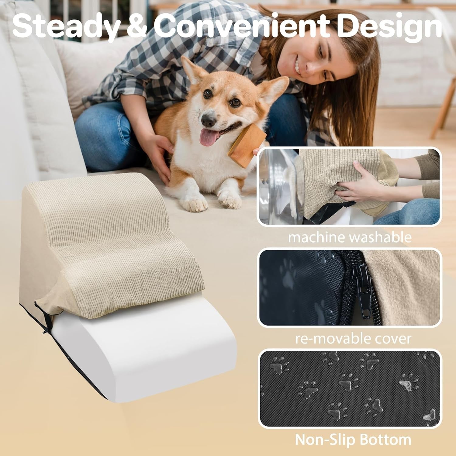 3 Step Dog & Cat Stairs Foam Ramp Non Slip Yellow 55x40x35cm