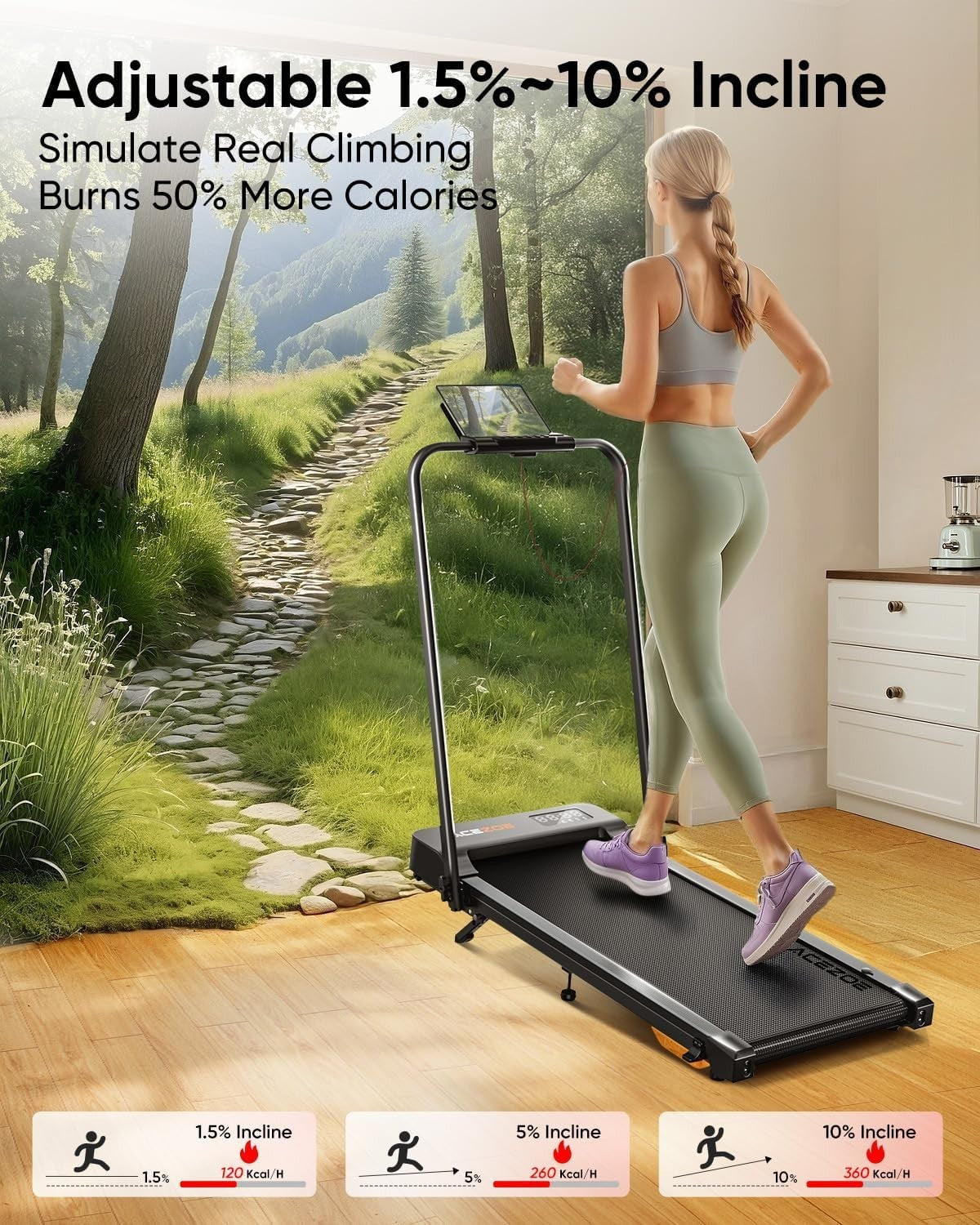 Foldable Home Treadmill 2-in-1 Walking Running Pad 10% Incline LED App Remote