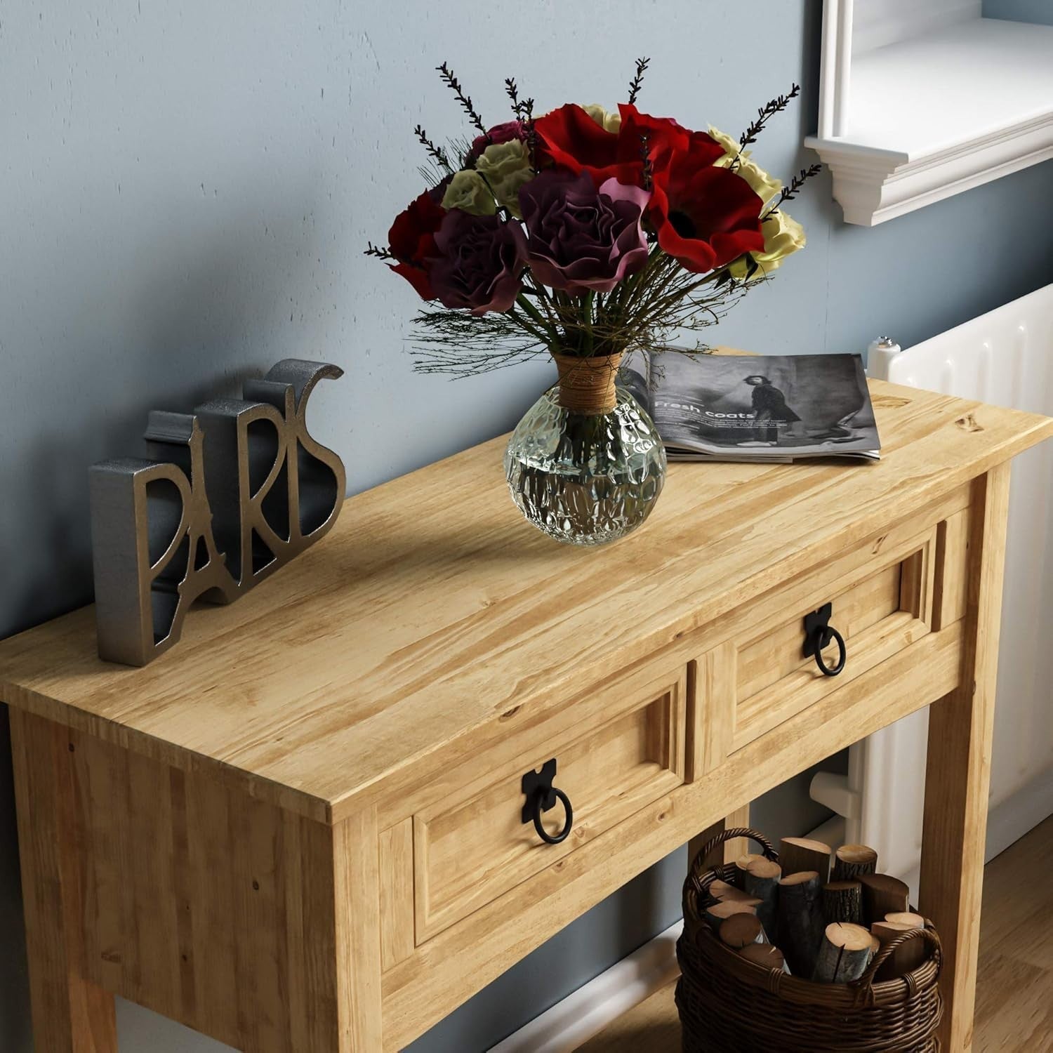 Rustic Pine Console Table with Drawers & Shelf, Solid Wood Hallway Unit