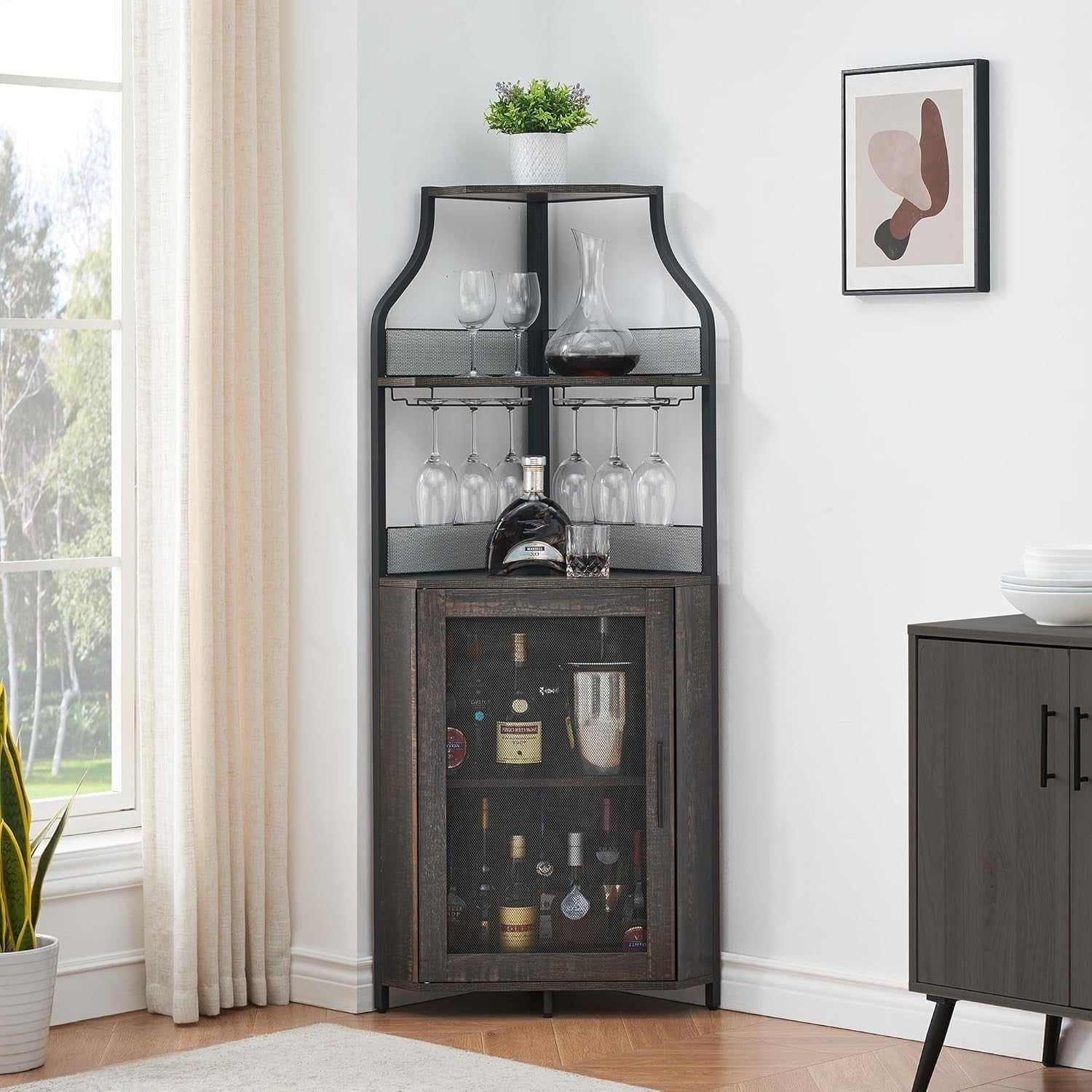 Tall Corner Bar Cabinet with Wine Rack & Glass Holder, 5-Tier Liquor Storage