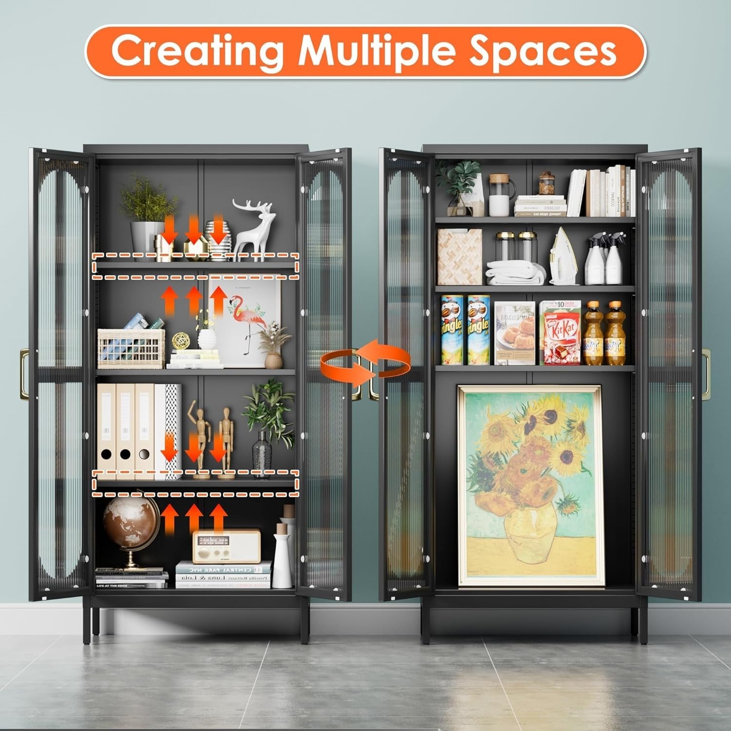 Adjustable 4-Tier Black Metal Storage Cabinet with Glass Doors – 155cm