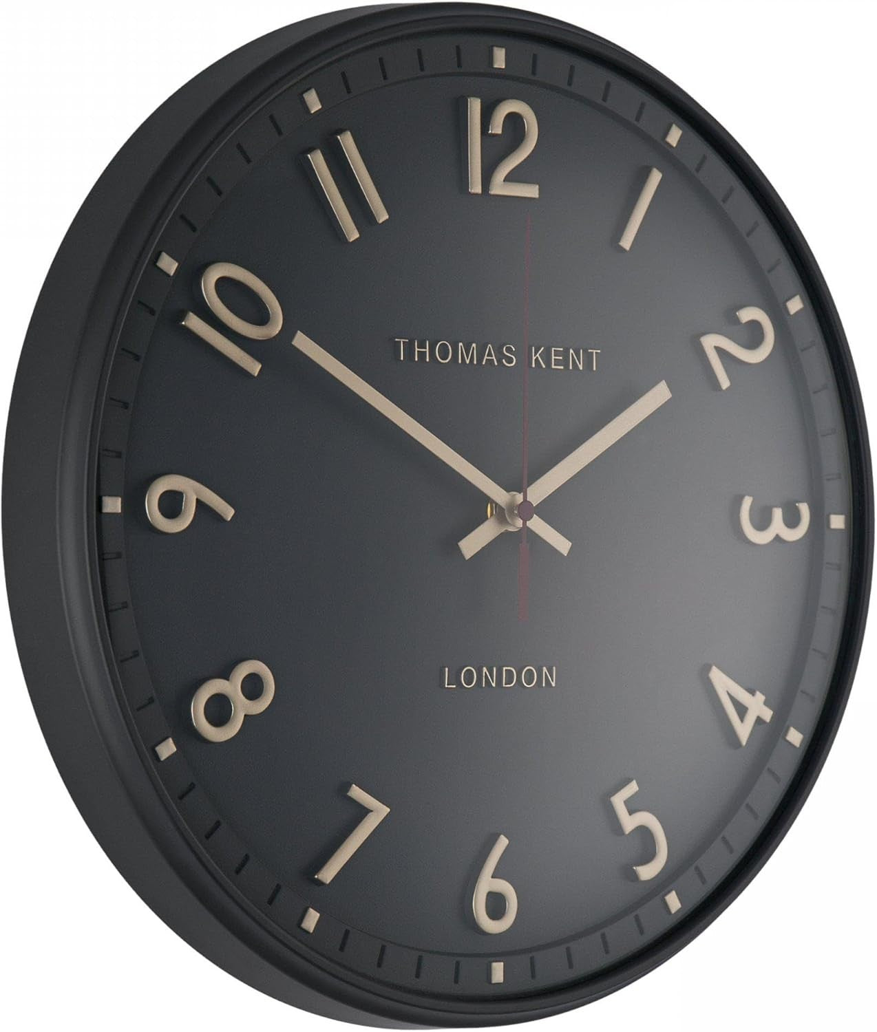 Silent Wall Clock with Raised Gold Numerals & Glass Dome - Charcoal Finish