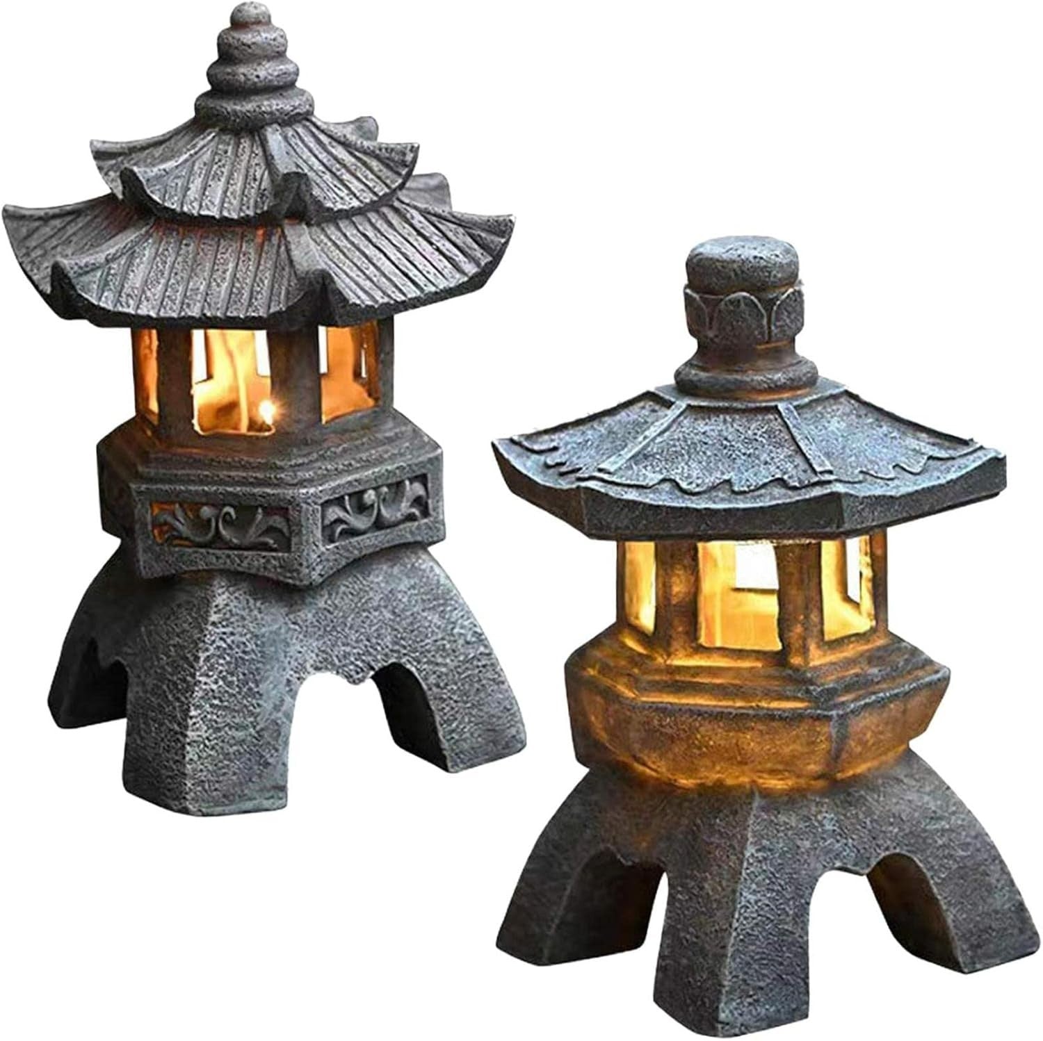 Solar Japanese Pagoda Lantern, 10.4" Resin Zen Garden Statue with LED Light