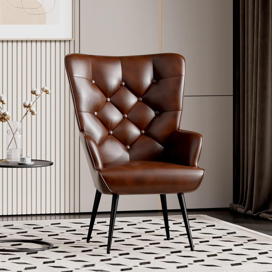 High Back Leather Armchair Wing Back Accent Chair Brown