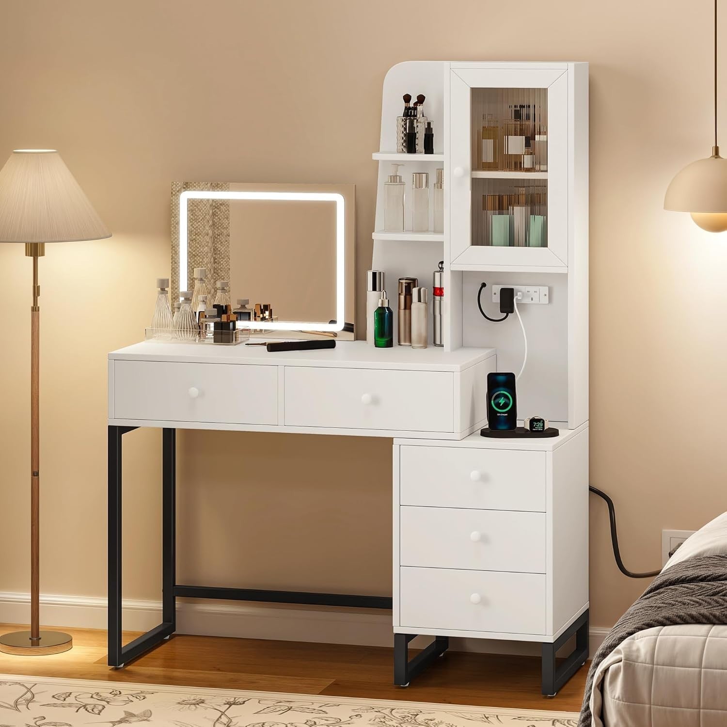 Makeup Vanity Table Mirror LED Lights Storage Drawers Modern White Dressing Desk