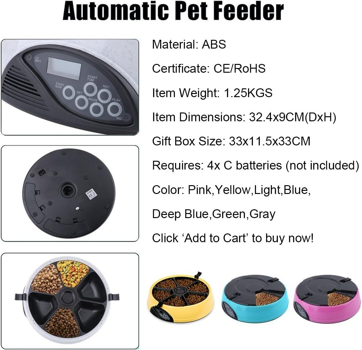Automatic Pet Feeder 6 Meal Programmable Food Dispenser Voice Recorder