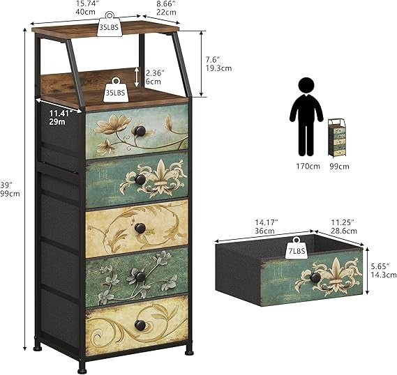 Rustic 5-Drawer Slim Chest Unit with Open Shelf, Space-Saving Bedroom Storage
