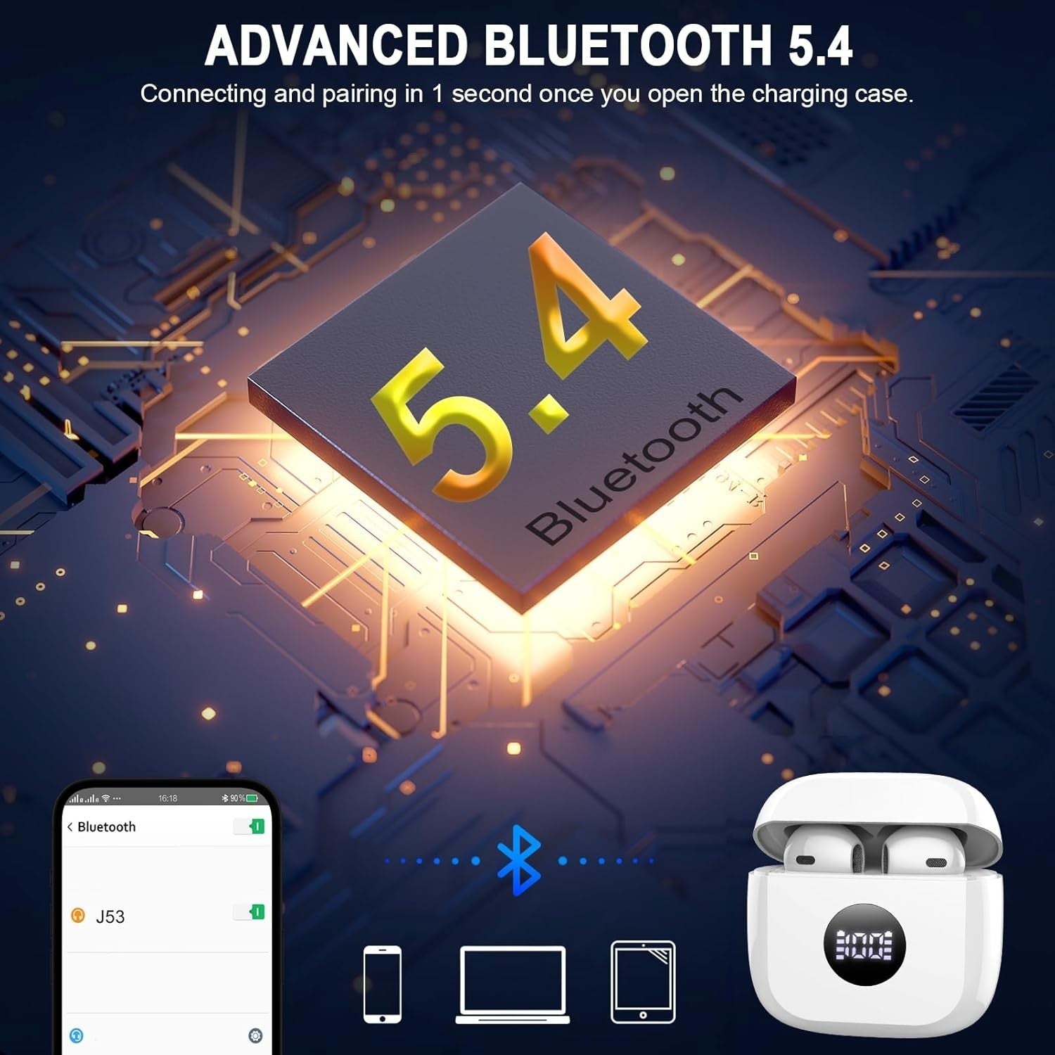Bluetooth 5.4 White Earbuds ENC Mic 40H Deep Bass LED Touch IP7