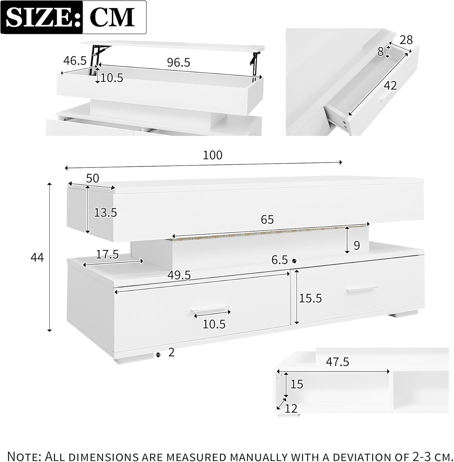 LED Lift Top Coffee Table with Storage Drawers, RGB Lights, Modern White