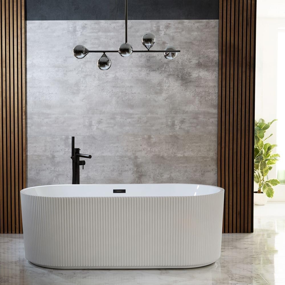 White Double Ended Freestanding Fluted Bath 1700x800mm Black Overflow