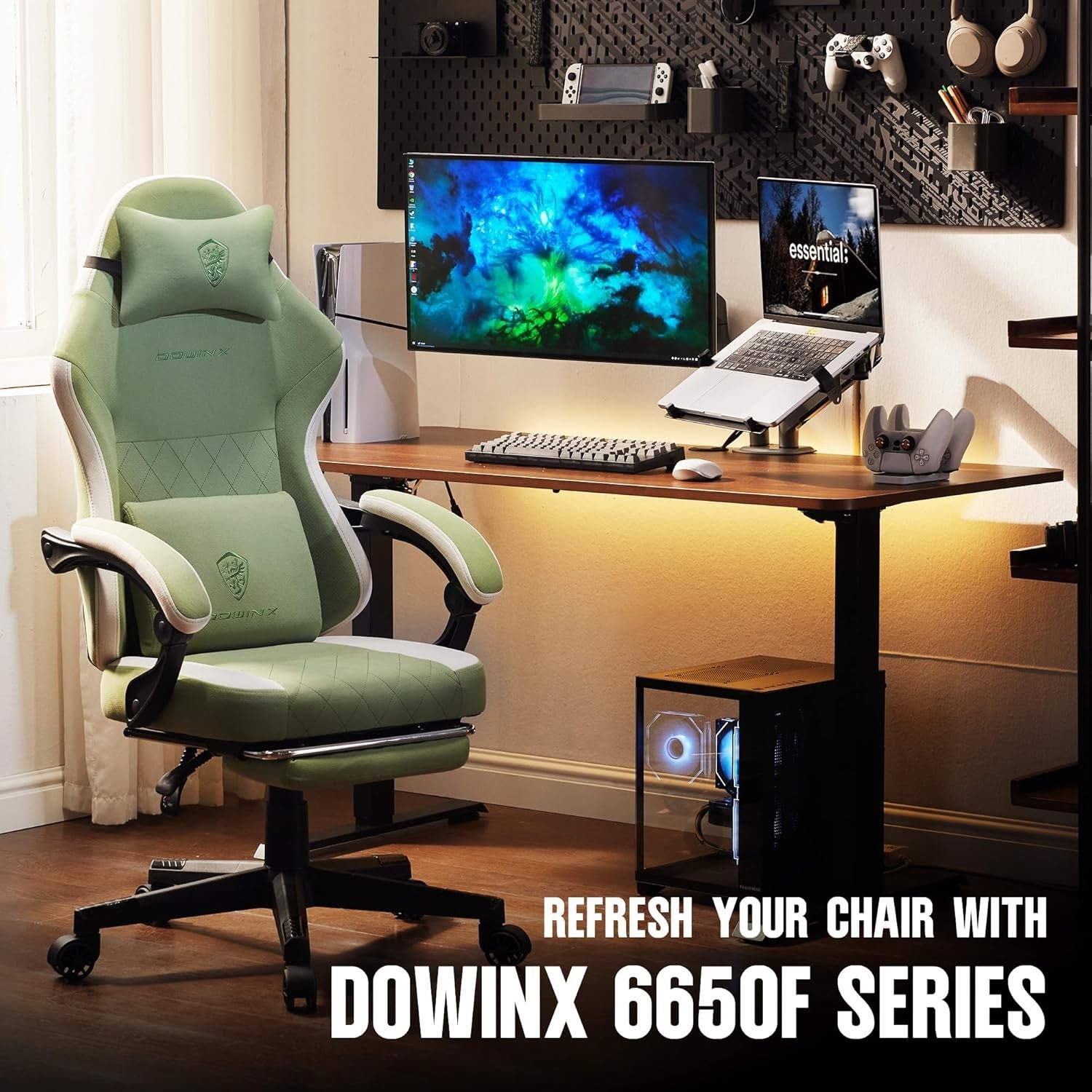 Gaming Chair w/ Footrest Massage Lumbar Pocket Spring Green