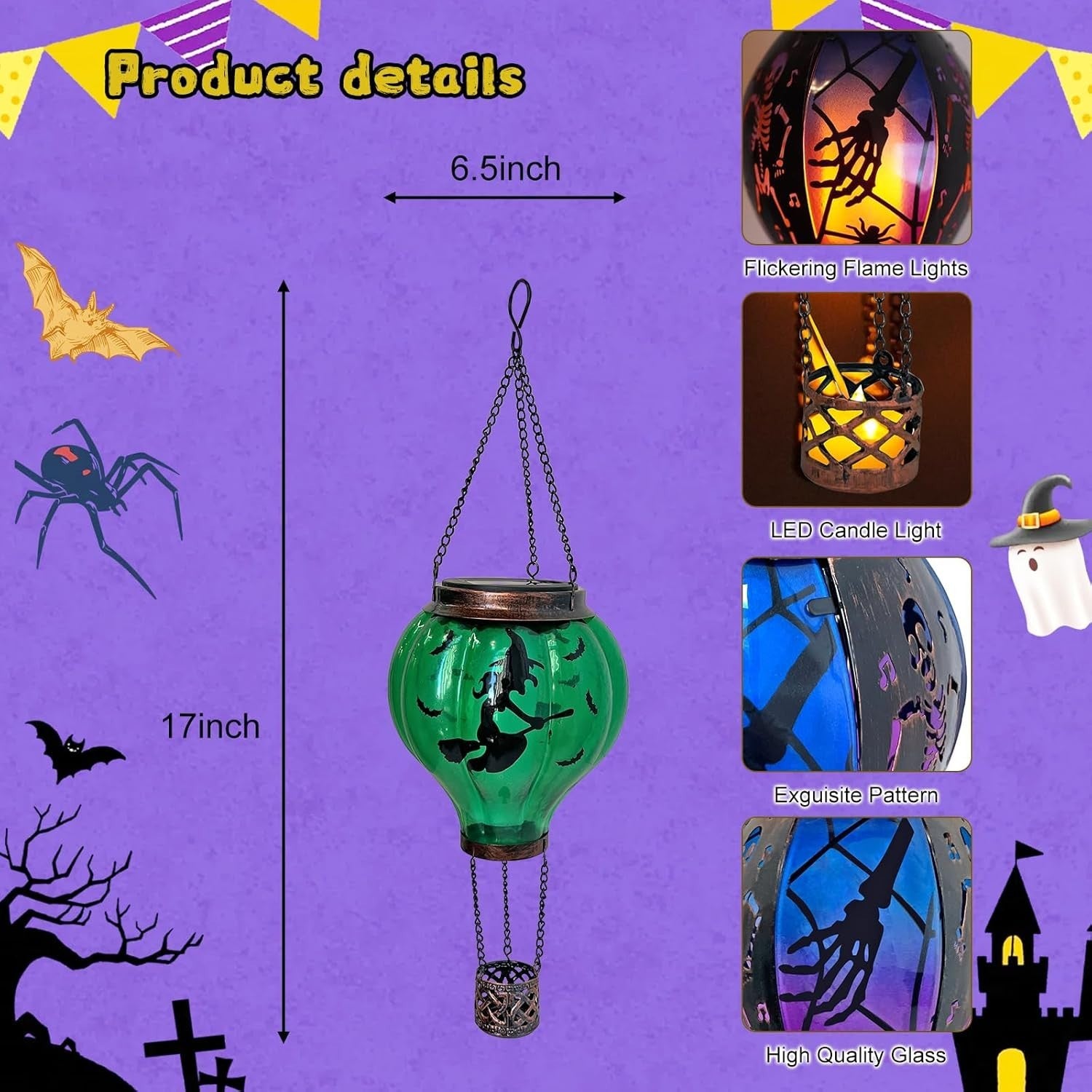 Halloween Hot Air Balloon Solar Lantern Witch LED Hanging Outdoor Garden Decor
