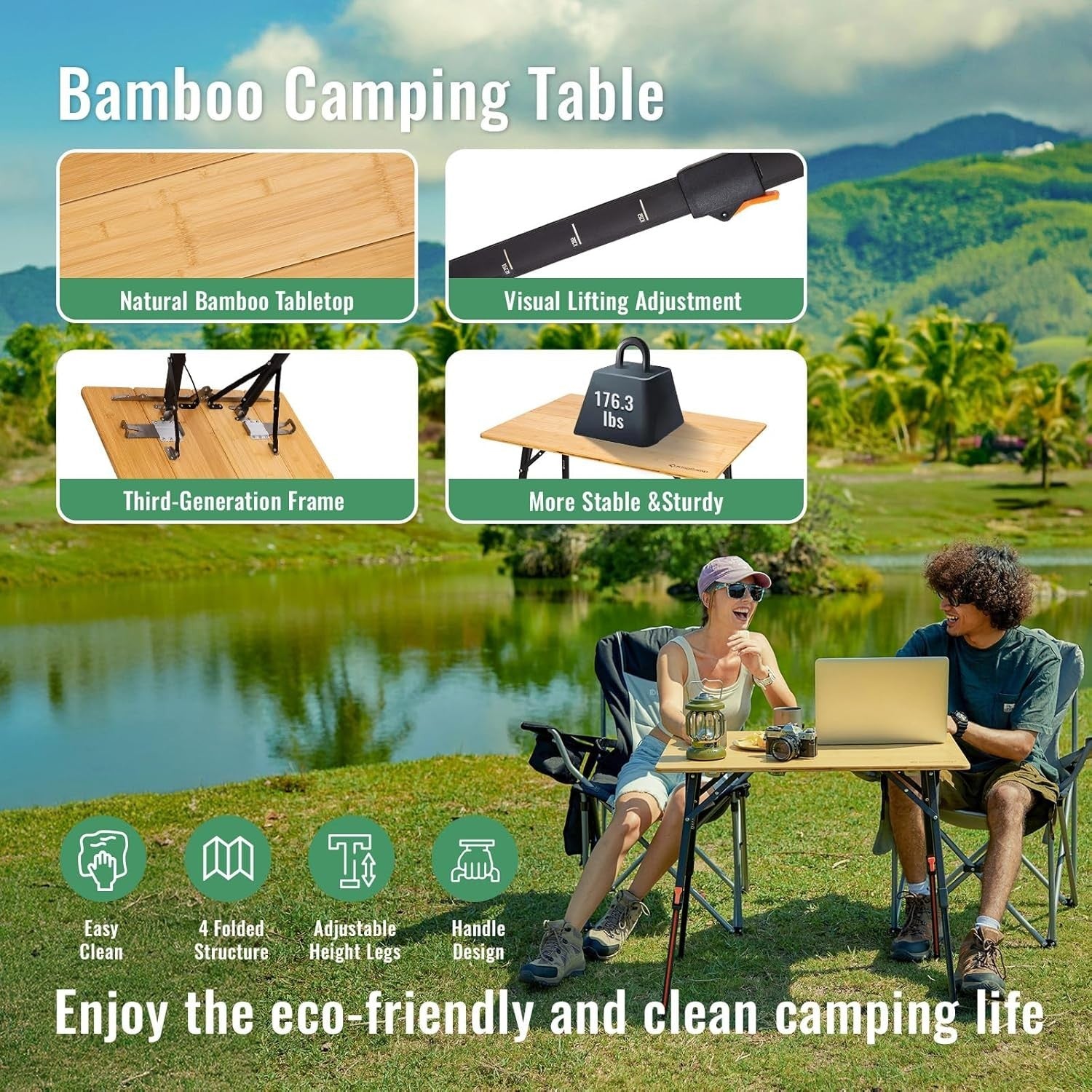 Adjustable Folding Camping Table Bamboo Top Portable Picnic Table 80kg Load