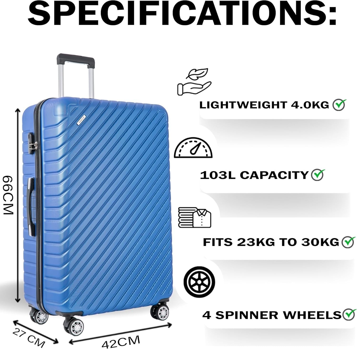 24'' Medium Check In Suitcase ABS Hard Shell Lightweight 4 Wheel Lock