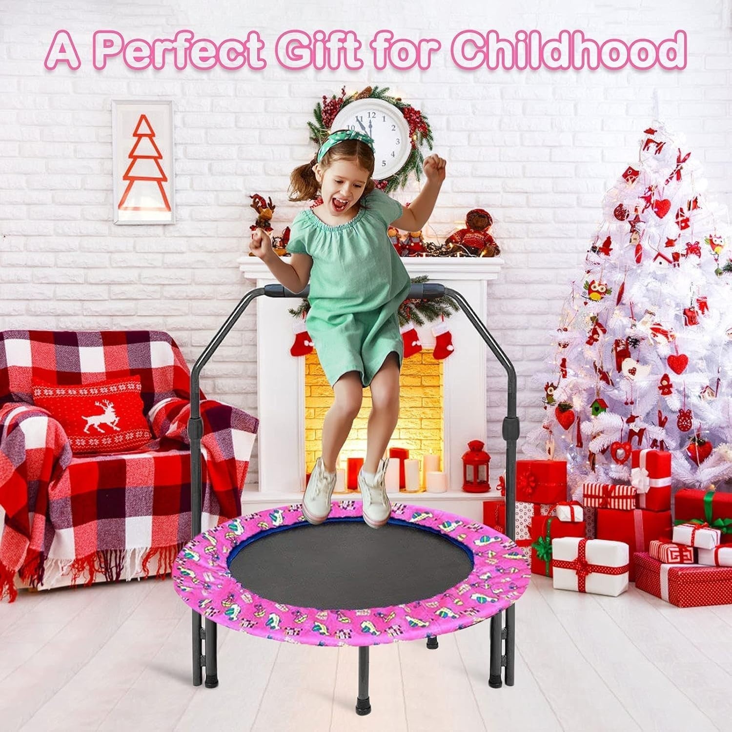 36'' Kids Mini Trampoline Quiet Foldable Adjustable Handle Safety Pad