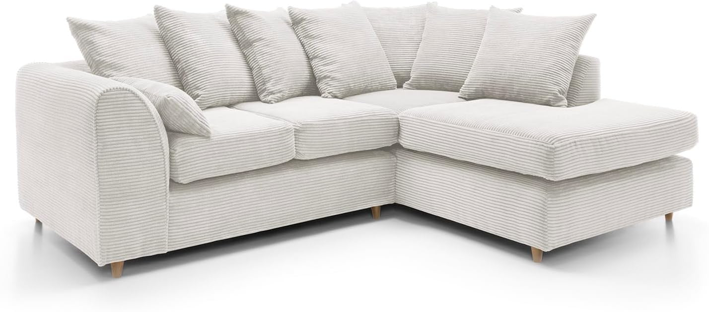 White Jumbo Cord Right Hand L Shaped Sofa | Deep Cushions | Durable Wood Frame