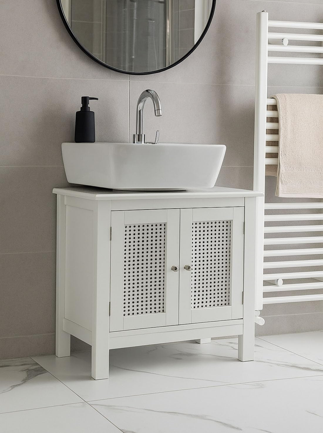 White Under Sink Bathroom Cabinet with Cane Doors & Adjustable Storage Shelf