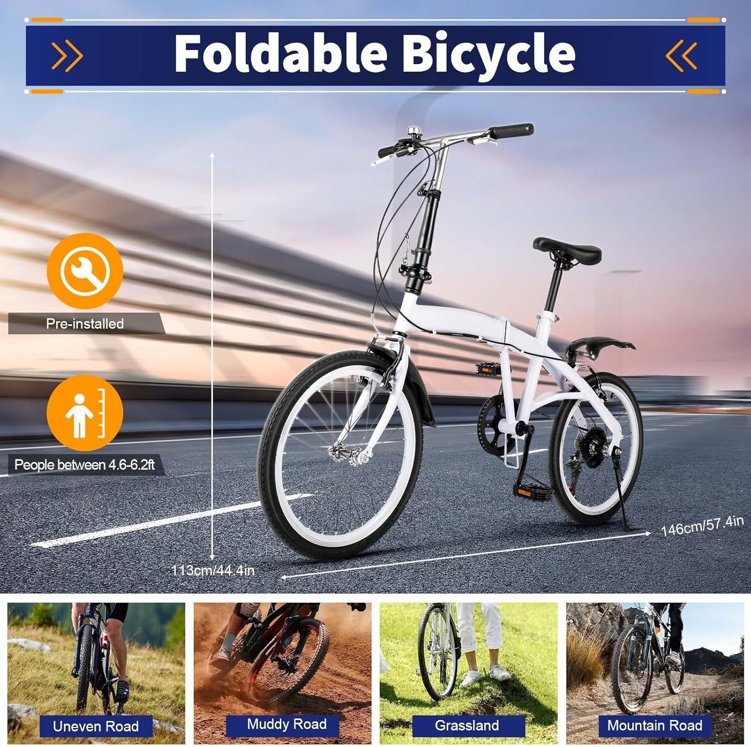 20” Folding Mountain Bike Adult Portable Lightweight 6-Speed City Bicycle