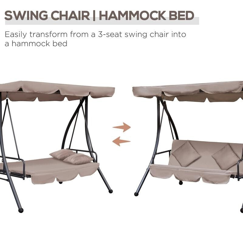 3 Seater Outdoor Swing Chair Bed with Canopy, Cushions – Beige Garden Lounger