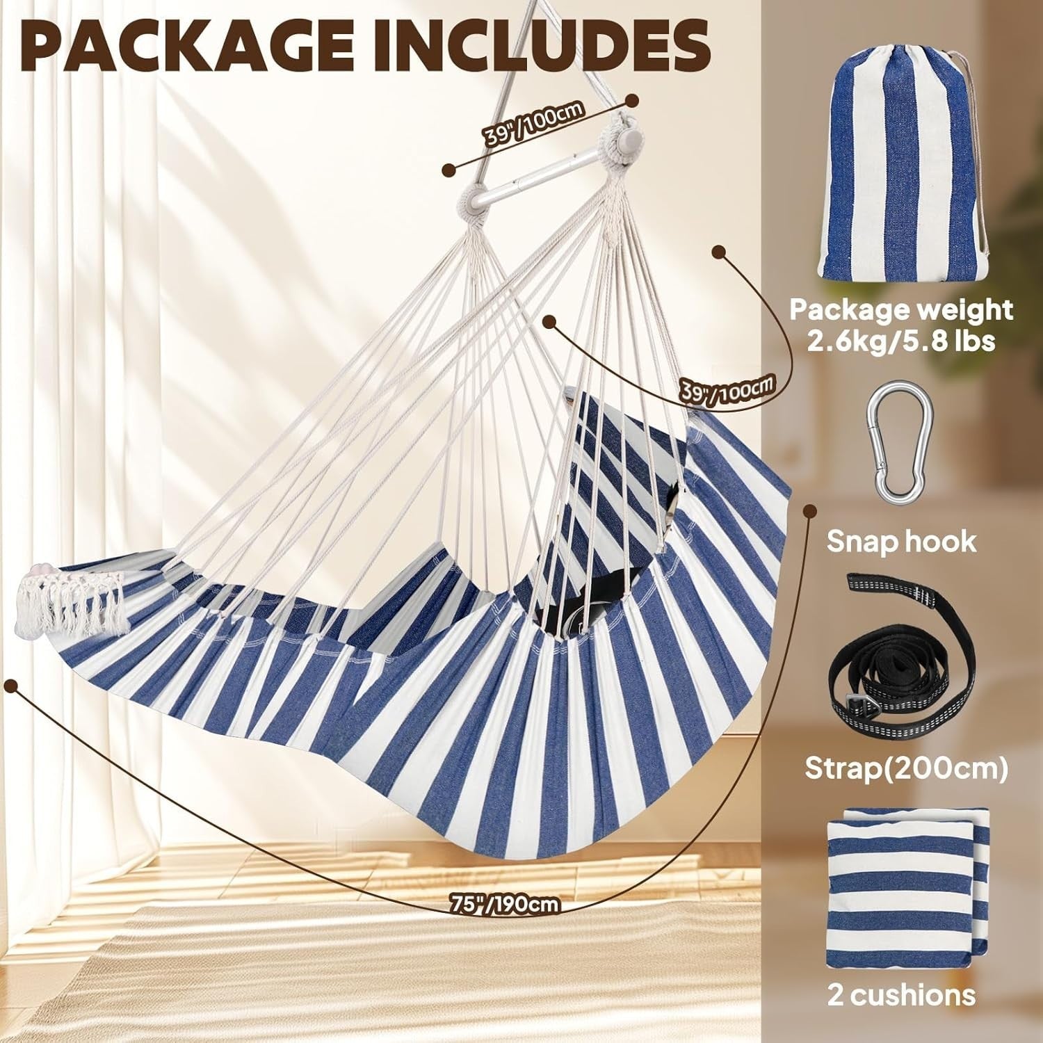 Striped Hammock Chair with Footrest & 2 Cushions | 550lbs Indoor Outdoor Swing