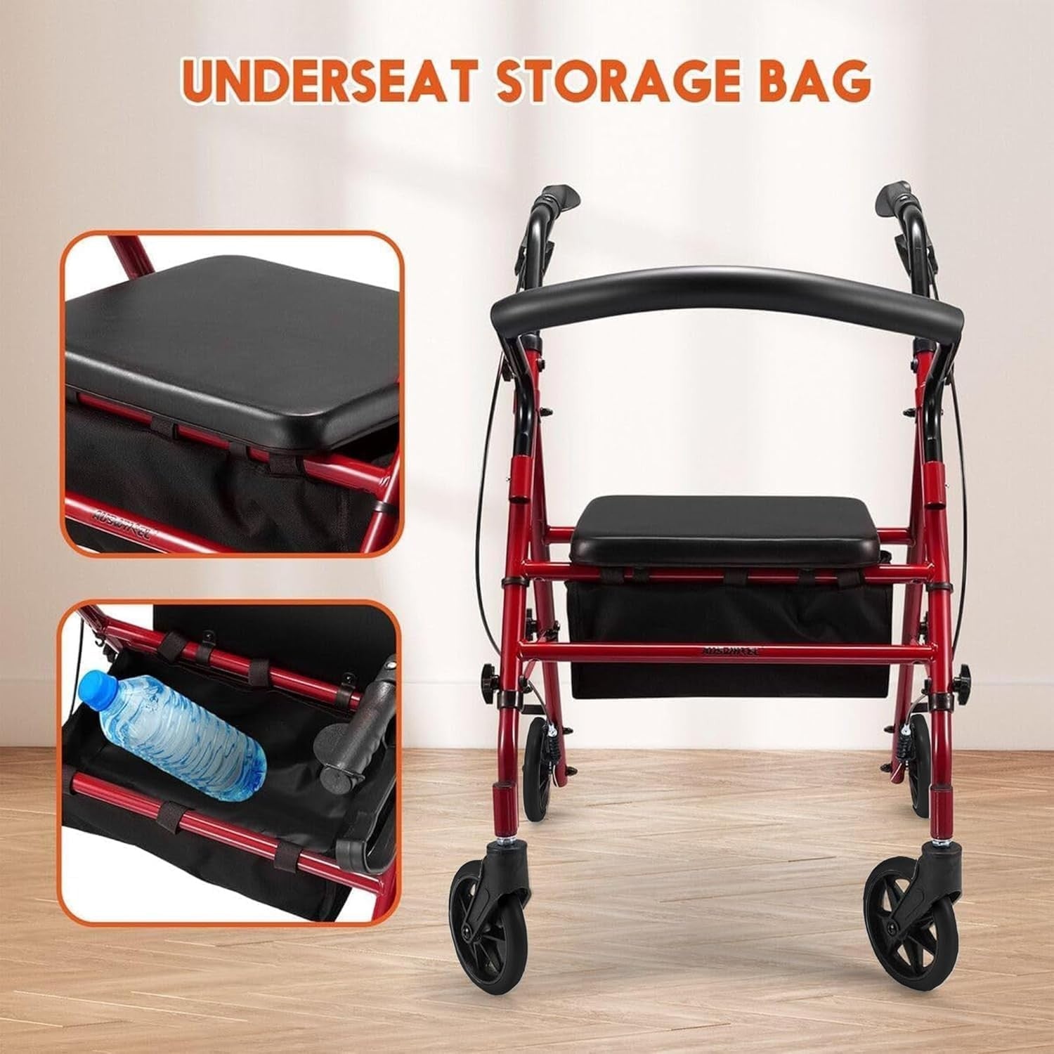 Lightweight Folding Rollator Walker Seat 4 Wheels Adjustable Brakes
