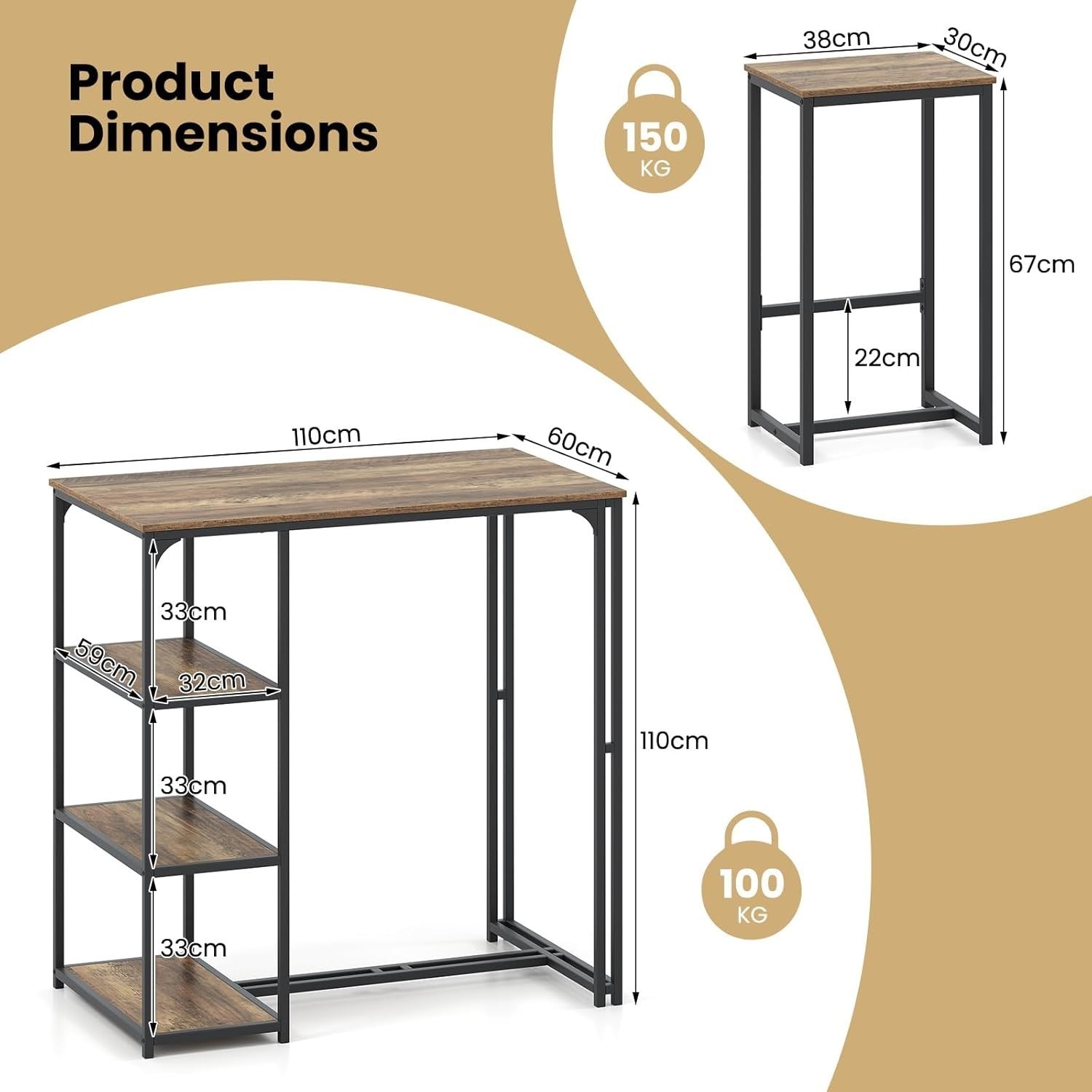 3-Piece Bar Table Set Shelves, Space-Saving Breakfast Dining Set – Coffee Black