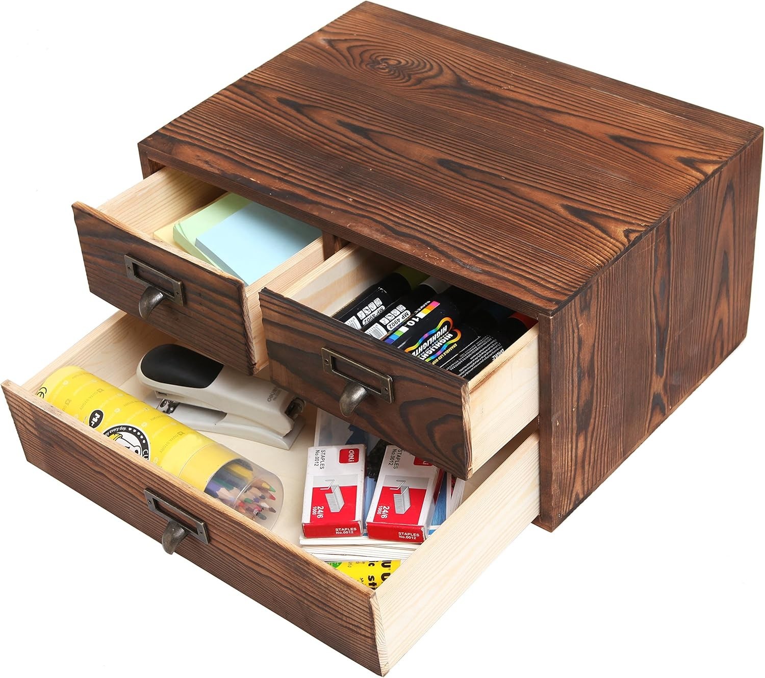 Dark Brown Wooden Desk Organizer with 3 Drawers for Office & Craft Storage