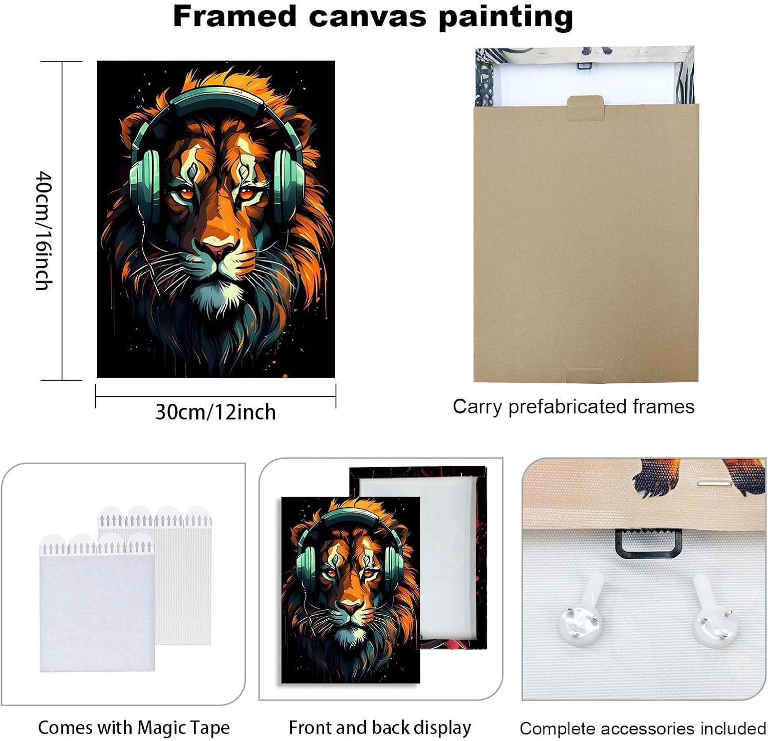Set of 3 Music Animal Canvas Wall Art 12x16 Framed Lion Gorilla Wolf