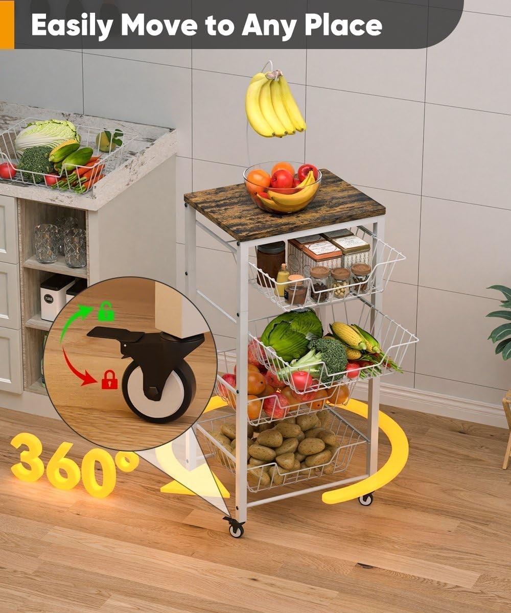 5 Tier Kitchen Storage Cart Pull Out Wire Basket Fruit Vegetable Trolley