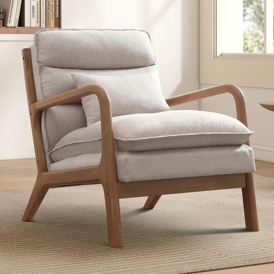 Modern Accent Armchair with Lumbar Pillow Wood Frame Beige