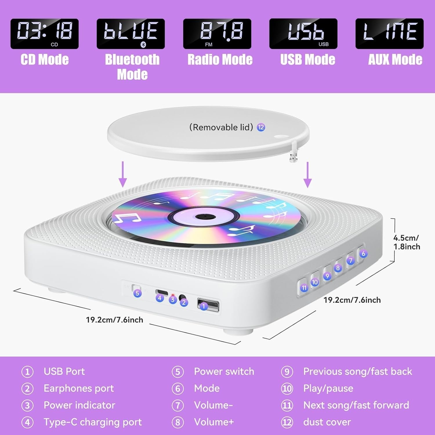 Desktop CD Player Bluetooth Speakers FM Radio USB AUX Remote White