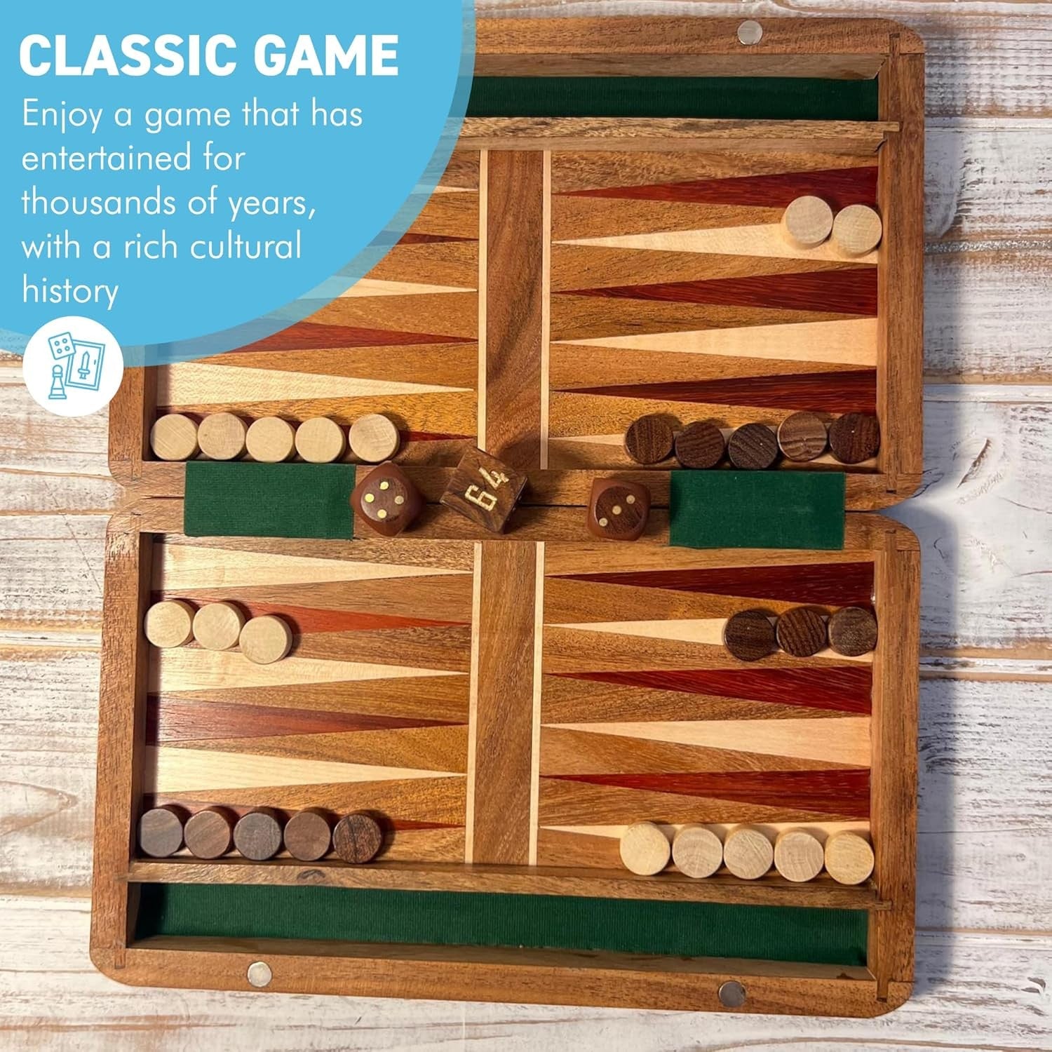 Wooden Inlaid Backgammon Set Folding Board 36x26cm Classic Strategy Game