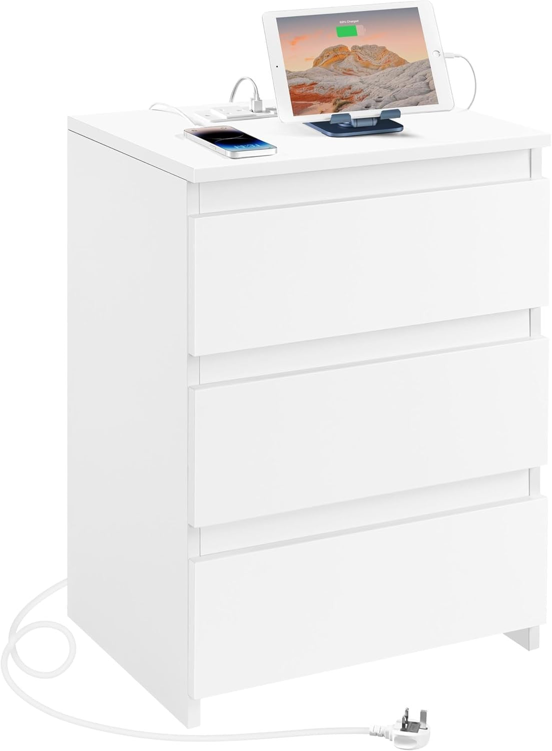 White Bedside Table with Charging Station – Modern 3-Drawer Nightstand with USB
