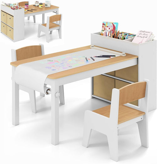 Kids Art Table & Chairs Set with Paper Roll + Storage – Drawing & Craft