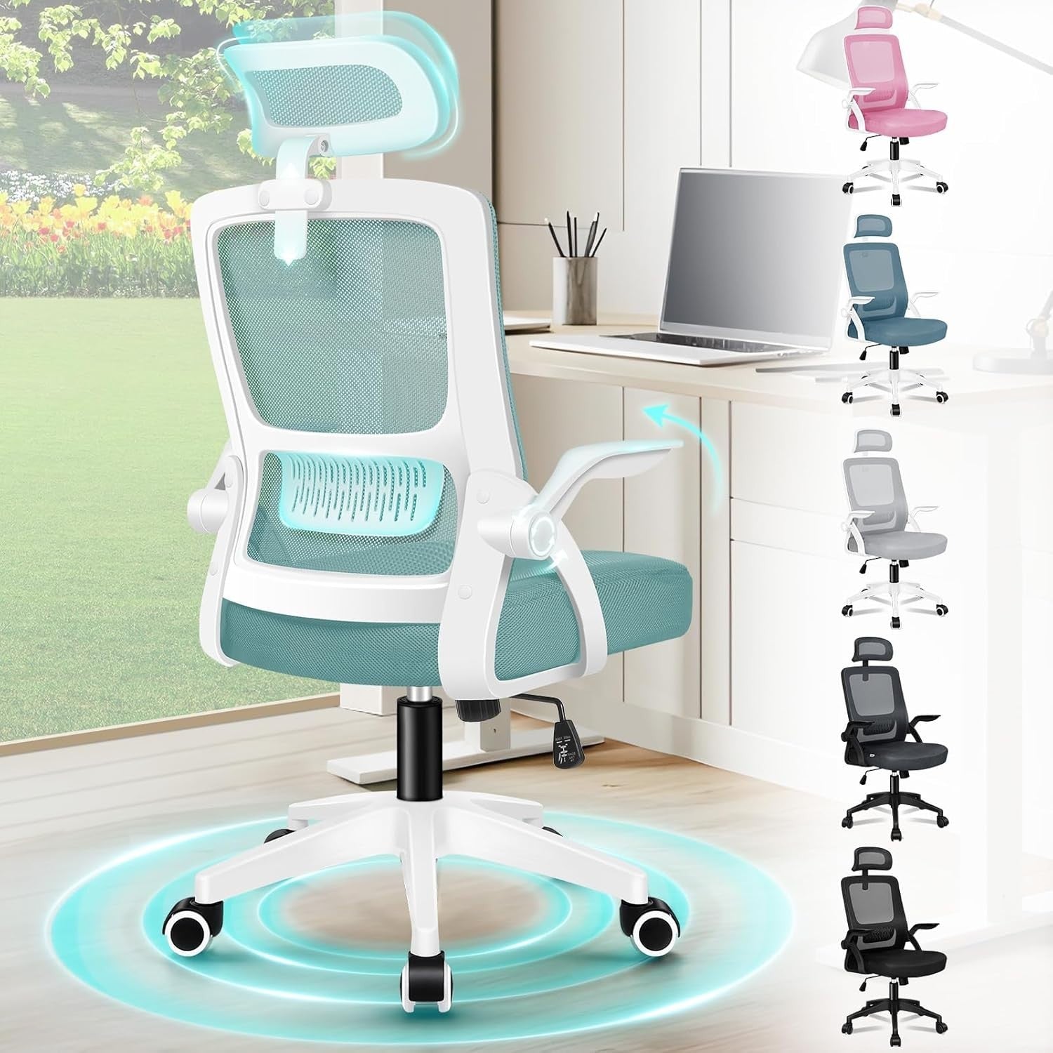 Ergonomic Office Chair Mesh Back Flip-up Arms High Back Lumbar Support Cyan