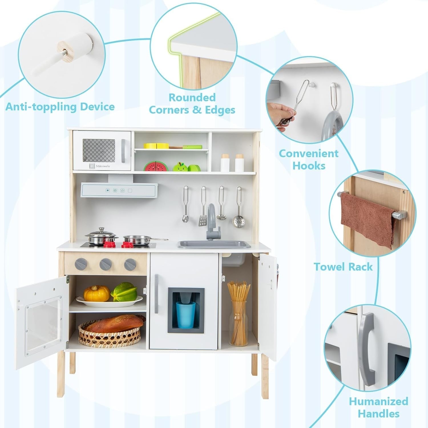 Wooden Kids Play Kitchen White Toy Set Microwave Oven Ice Maker Sound