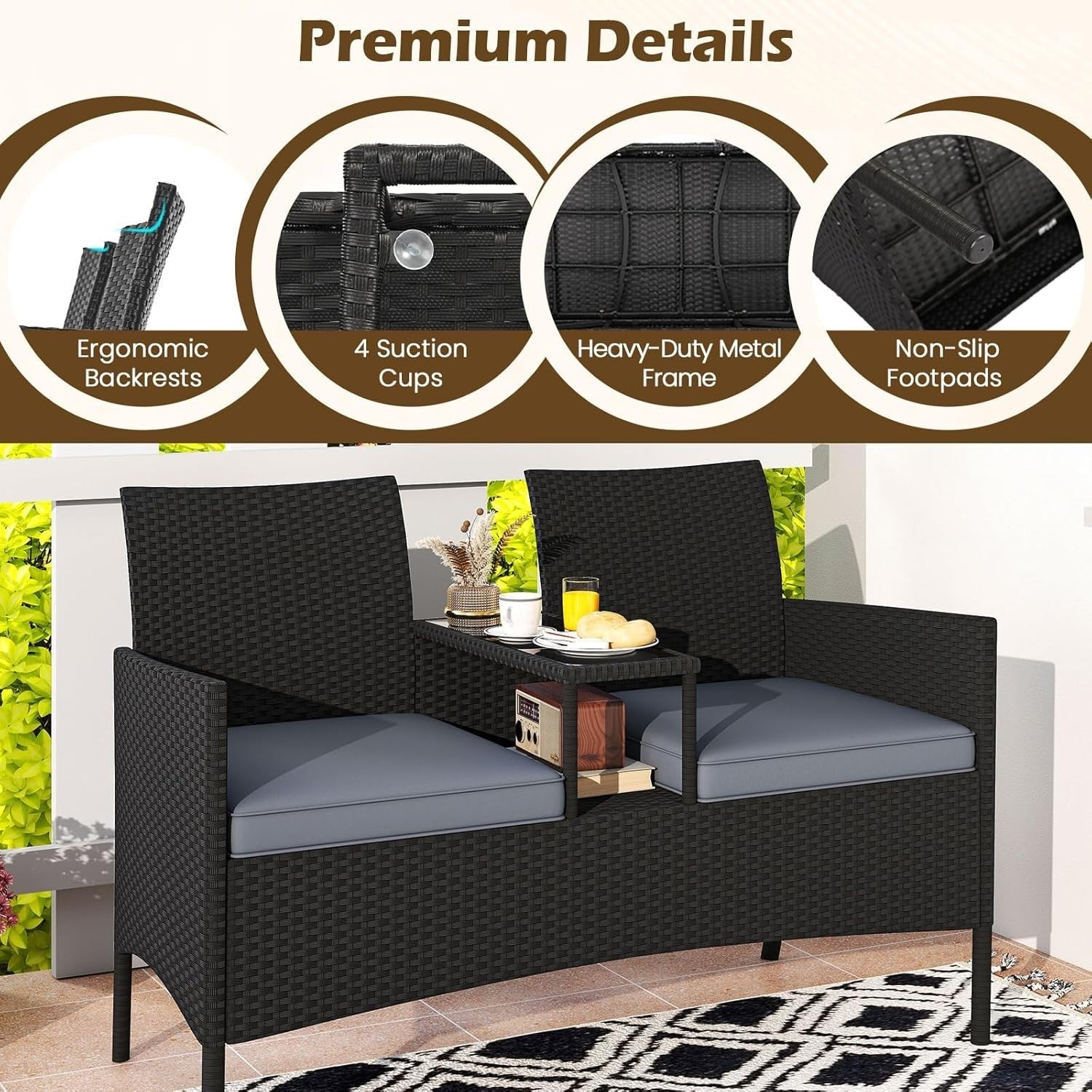 Outdoor Rattan 2 Seater Love Seat with Glass Table Garden Patio Sofa Grey