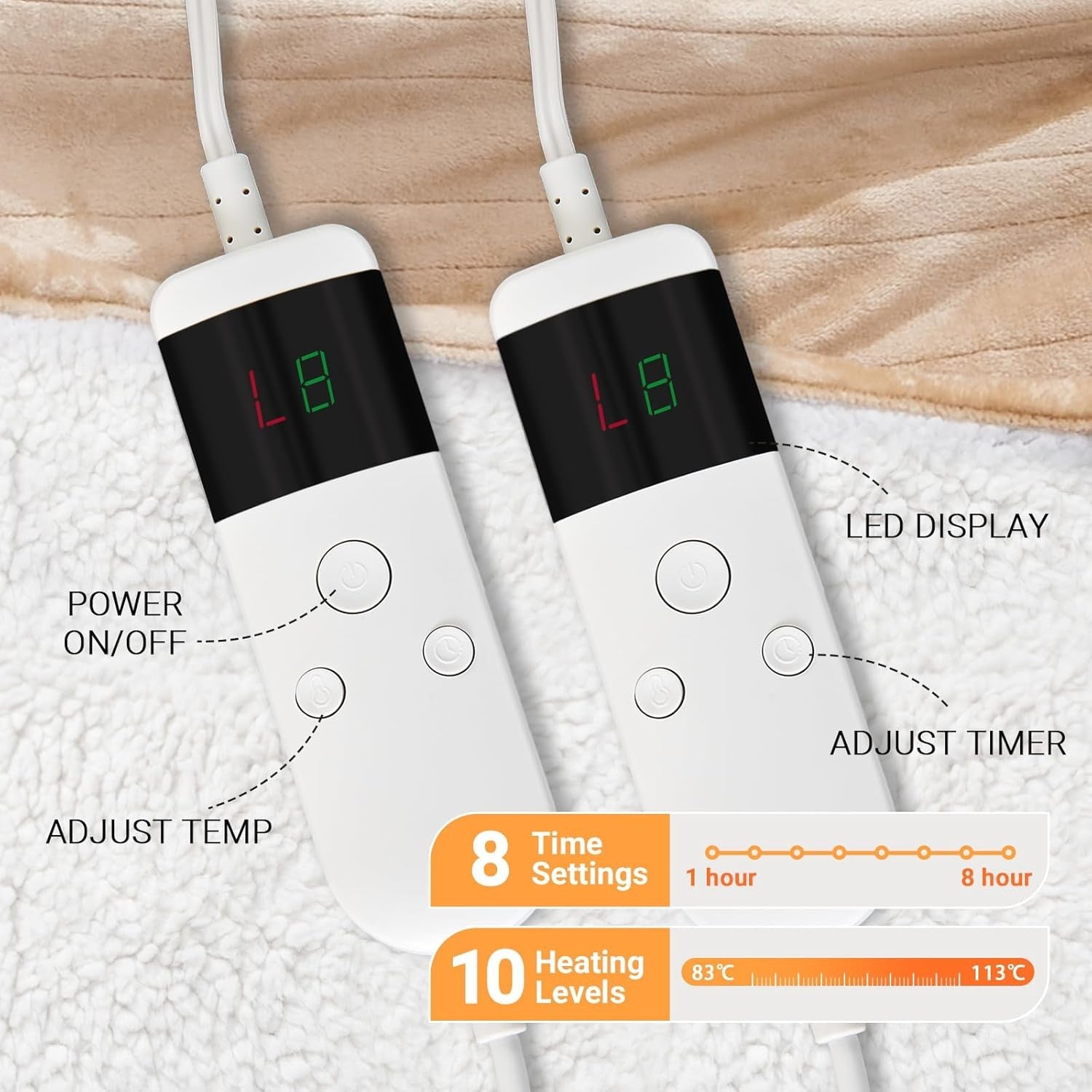 Electric Heated Blanket 180x200cm Sherpa Fleece 10 Heat Settings Timer