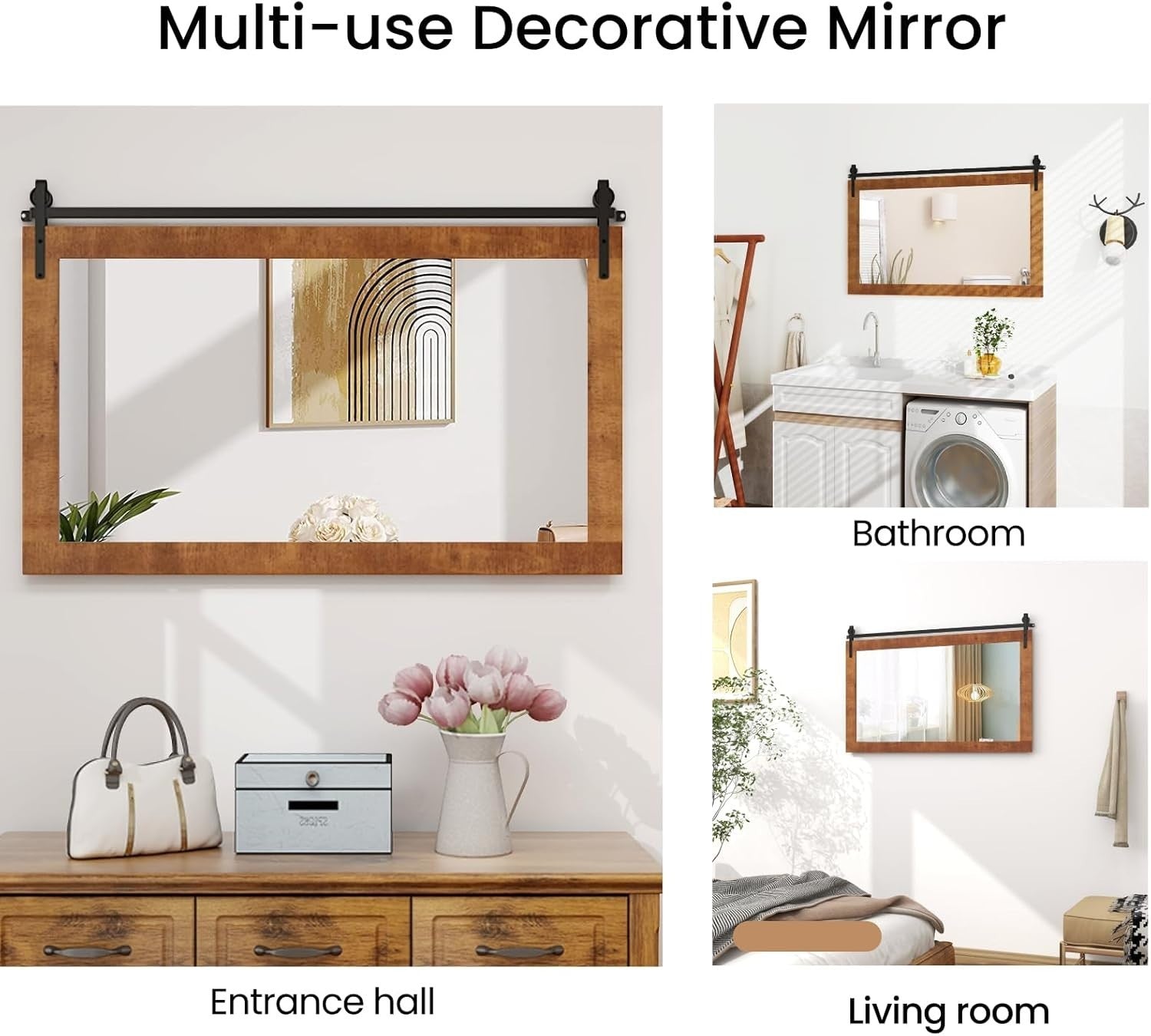 Rustic Wood Wall Mirror 101x66cm Farmhouse Style for Bathroom or Hall